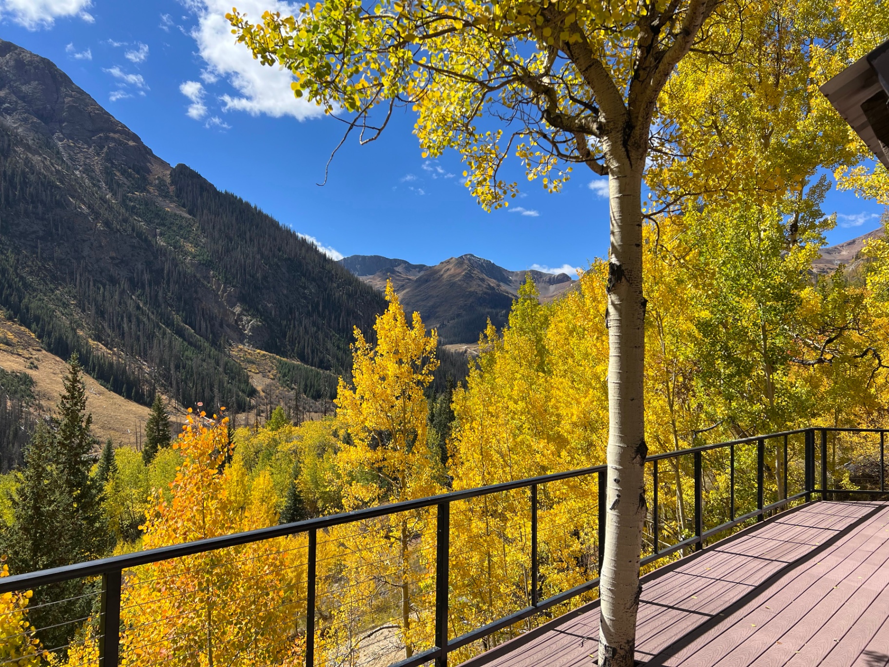 View from the Hoosier cabin deck across an aspen valley to the San Juan peaks